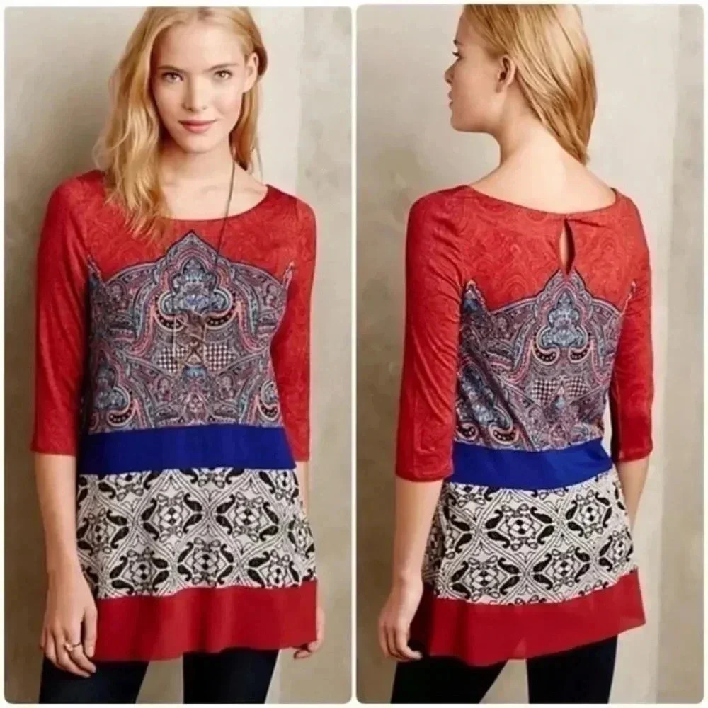 Anthropologie Akemi + Kin Gia Tunic Paisley Boho 3/4 Blouse Top Size Small S